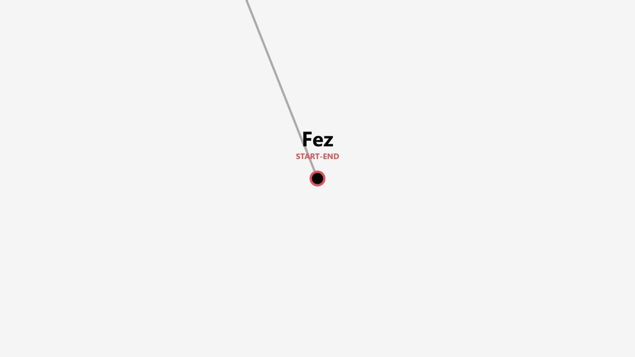 Un mapa gráfico que muestra un marcador en la ciudad de Fez, señalada como punto de inicio y fin de una ruta.