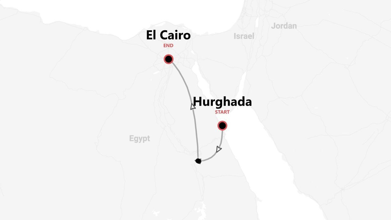 Mapa de Egipto con ruta turística de Hurgada a El Cairo.