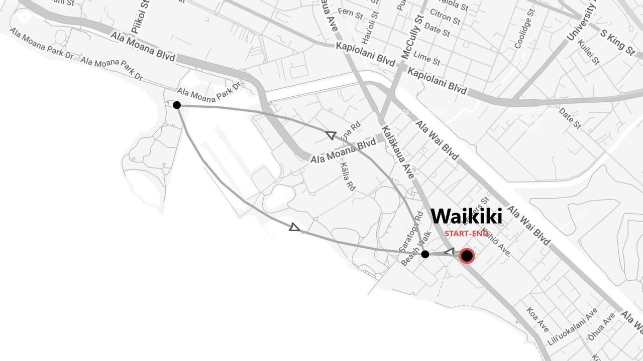 Una mappa in scala di grigi che mostra un percorso circolare con partenza e arrivo a Waikiki, passando per Ala Moana Boulevard e Ala Moana Park Drive.