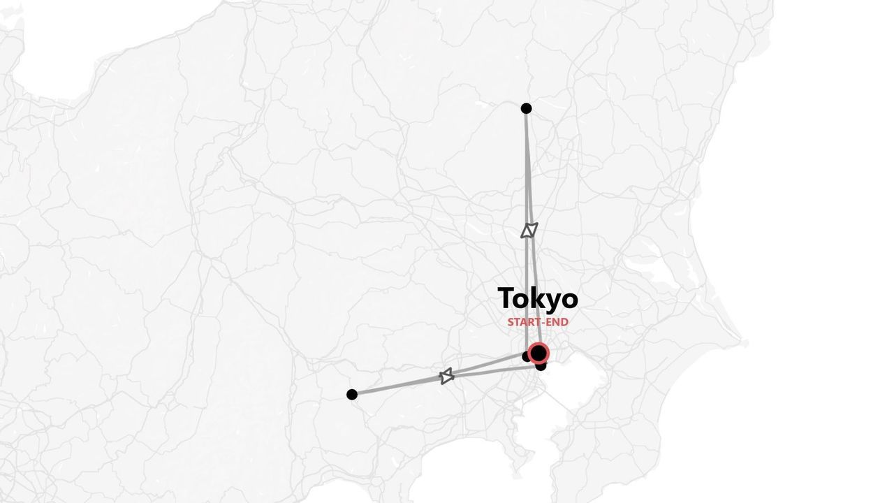 Mappa di un itinerario di viaggio in Giappone che inizia e termina a Tokyo, con due tappe intermedie.