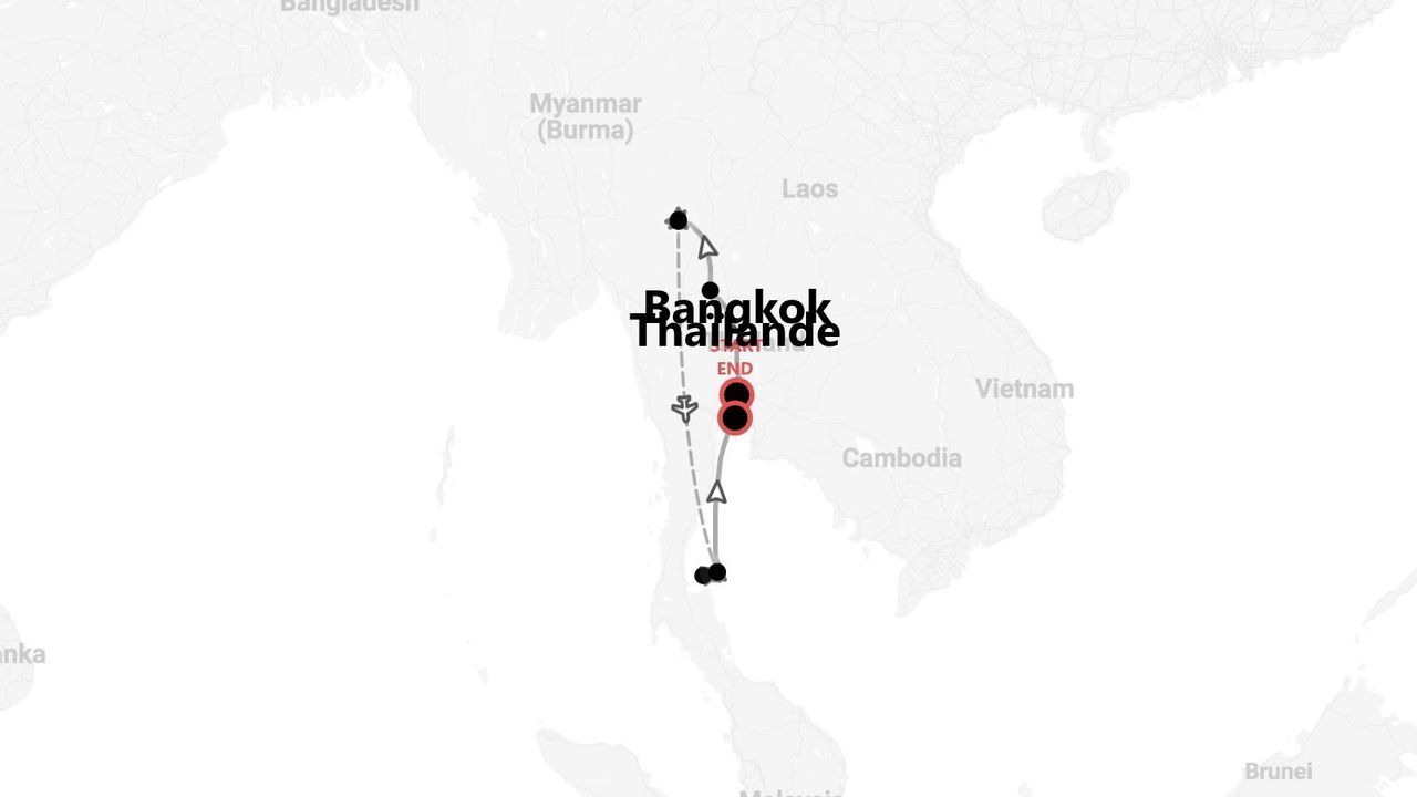 Une carte de la Thaïlande présentant un itinéraire de voyage débutant et se terminant près de Bangkok, avec plusieurs arrêts signalés le long du parcours.