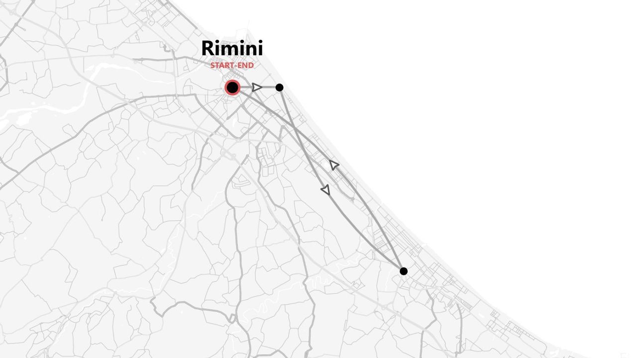 Una mappa stilizzata che illustra un percorso di viaggio con partenza e arrivo a Rimini, formando un anello lungo la costa.