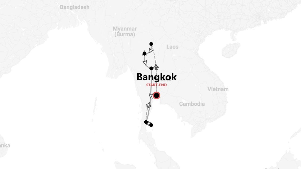 Mappa di un itinerario di viaggio in Thailandia, con inizio e fine a Bangkok.