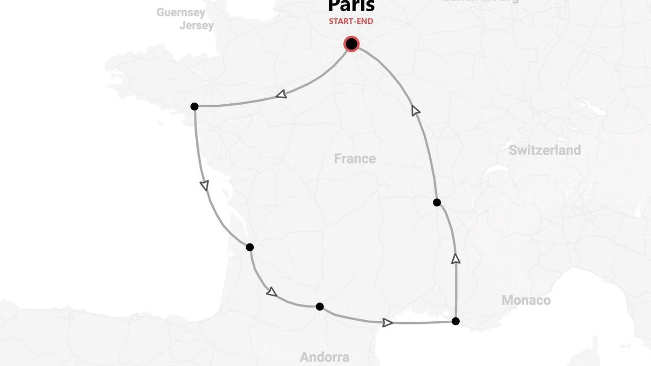 Una mappa di un itinerario di viaggio circolare in Francia, con partenza e arrivo a Parigi.