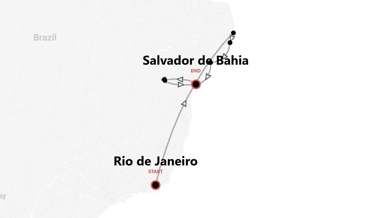 Mappa del Brasile: itinerario di viaggio da Rio de Janeiro a Salvador de Bahia.