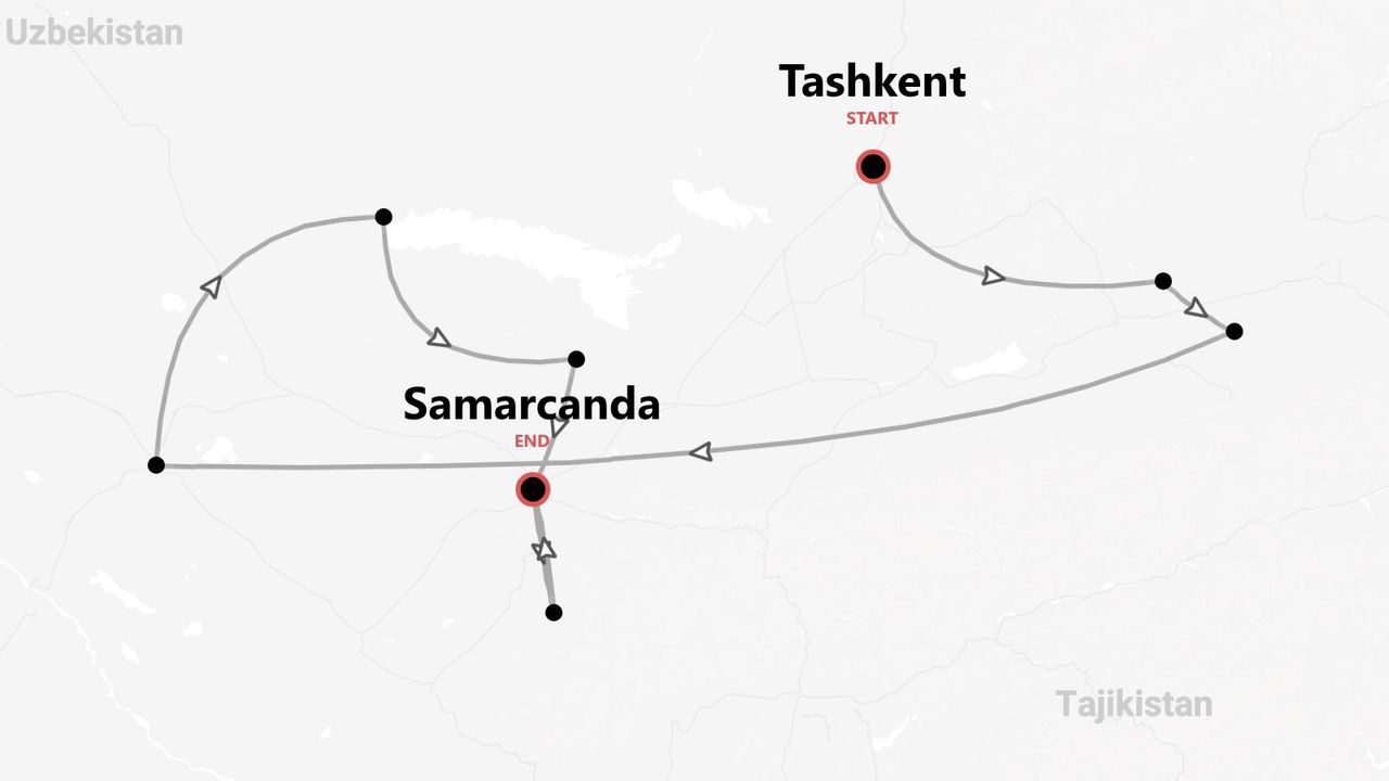 Mappa di un tour in Uzbekistan, con partenza da Tashkent e arrivo a Samarcanda.