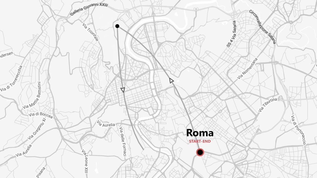 Una mappa di Roma in scala di grigi che mostra un itinerario di viaggio con punti di partenza e arrivo segnati sulle strade cittadine.