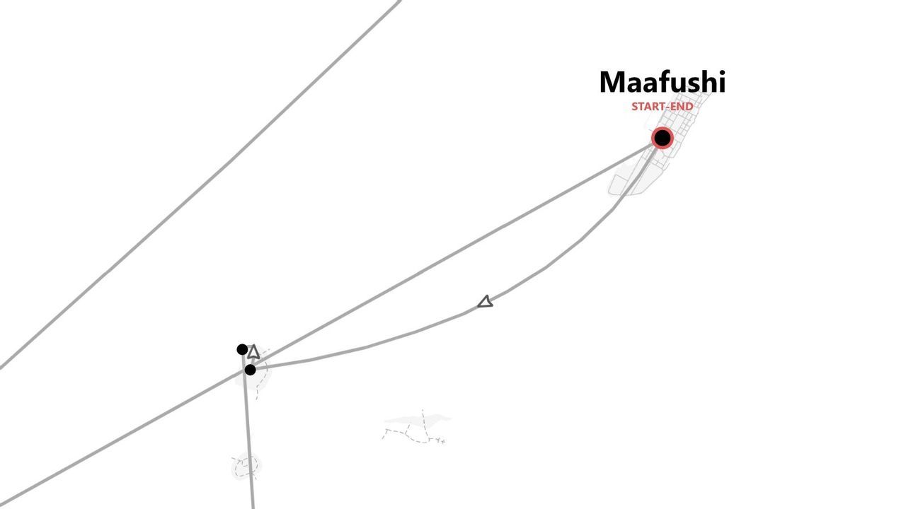 A minimalist map showing a travel itinerary, with the start and end point marked in Maafushi.