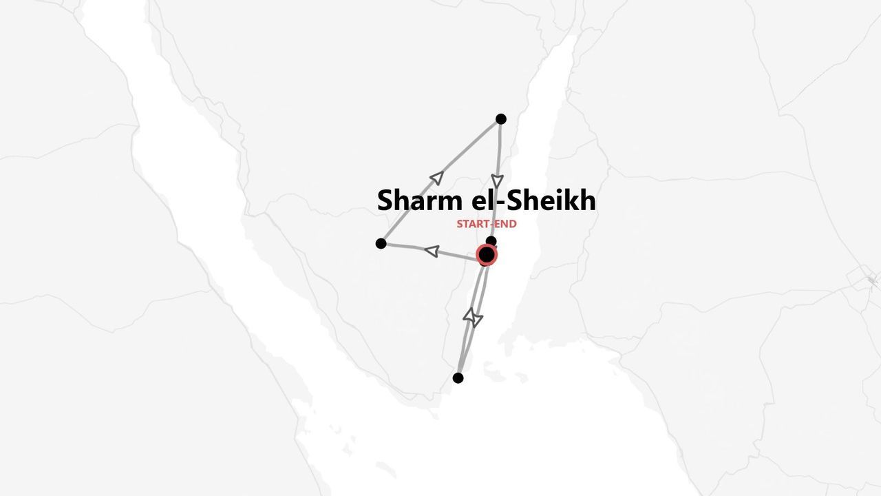 A map showing a travel itinerary that starts and ends in Sharm el-Sheikh.