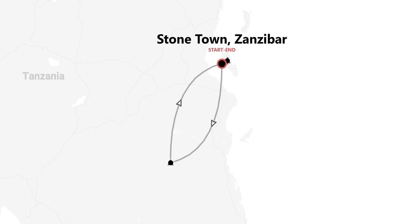 Una mappa che mostra un itinerario ad anello, con partenza e arrivo a Stone Town, Zanzibar, vicino alla costa della Tanzania.