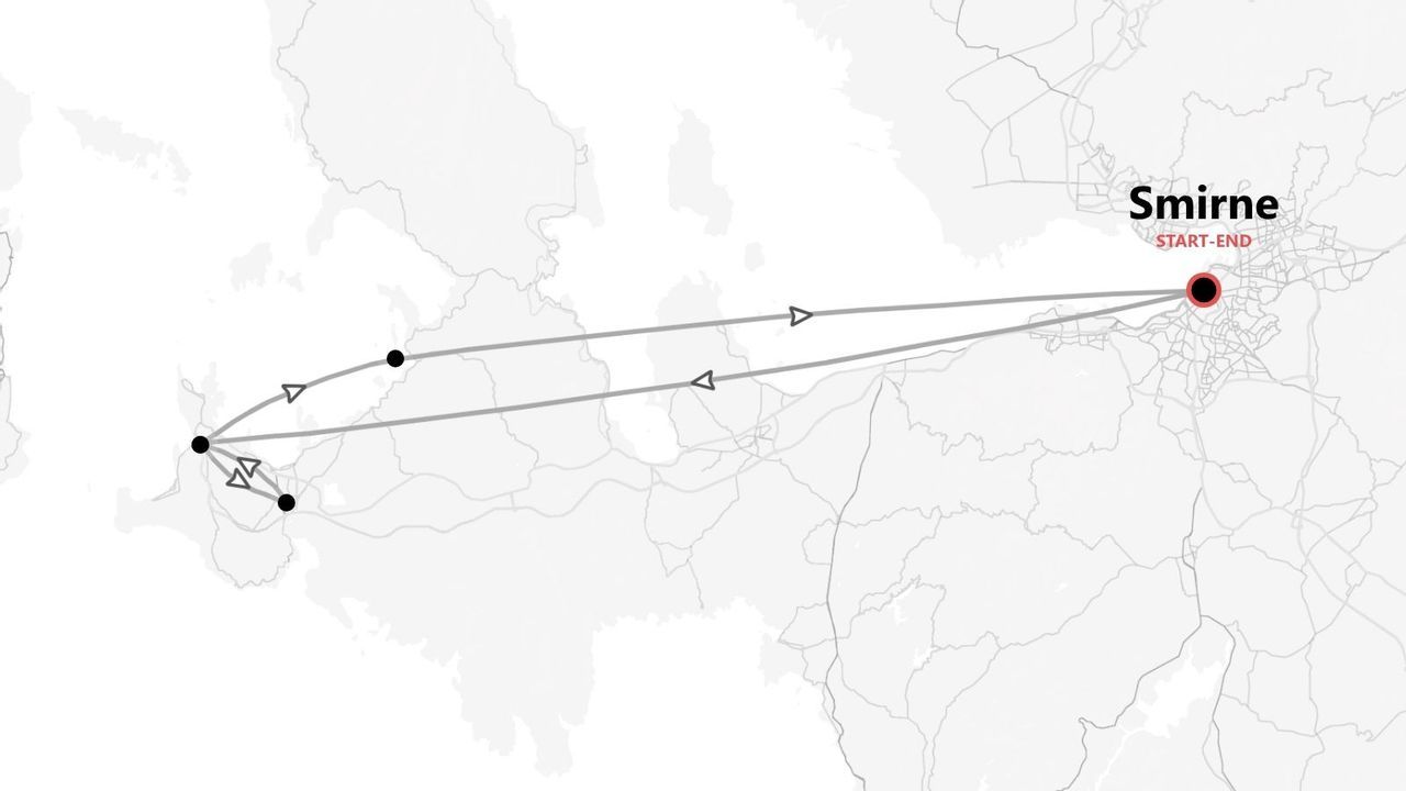 Una mappa che mostra un itinerario di viaggio ad anello che inizia e finisce nella città di Smirne.
