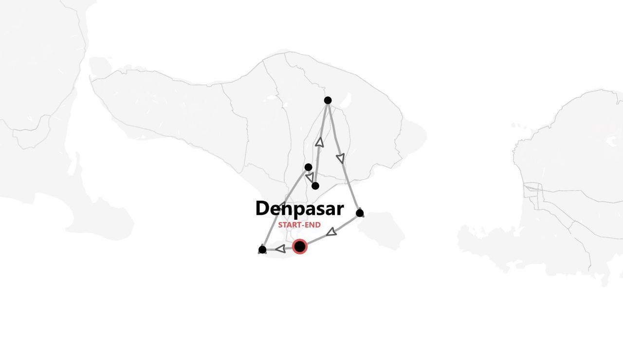 Una mappa di un itinerario di viaggio sull'isola di Bali, con un percorso circolare che inizia e finisce a Denpasar.