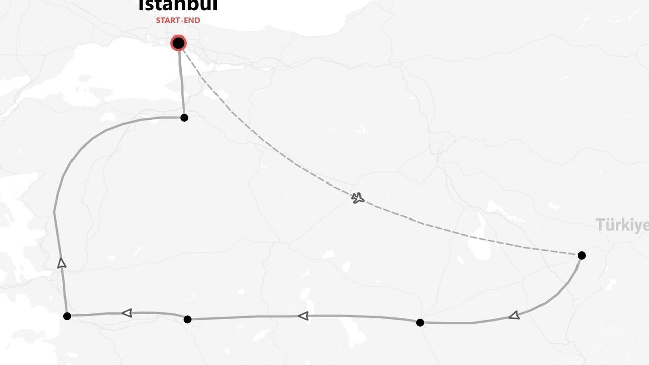 Eine Karte der Türkei mit einer Reiseroute, die in Istanbul startet und endet, inklusive Flugroute.