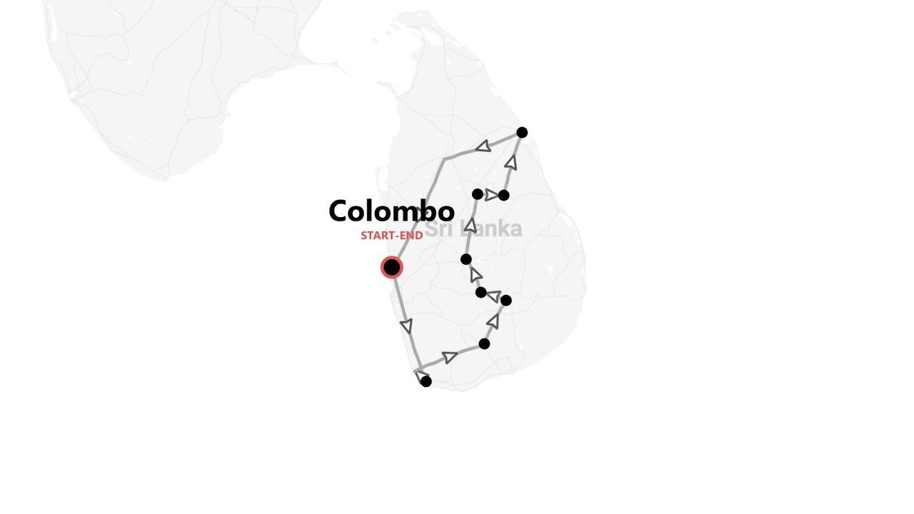 Mapa minimalista de Sri Lanka con itinerario de viaje. La ruta, que empieza y termina en Colombo, recorre el país en un circuito.
