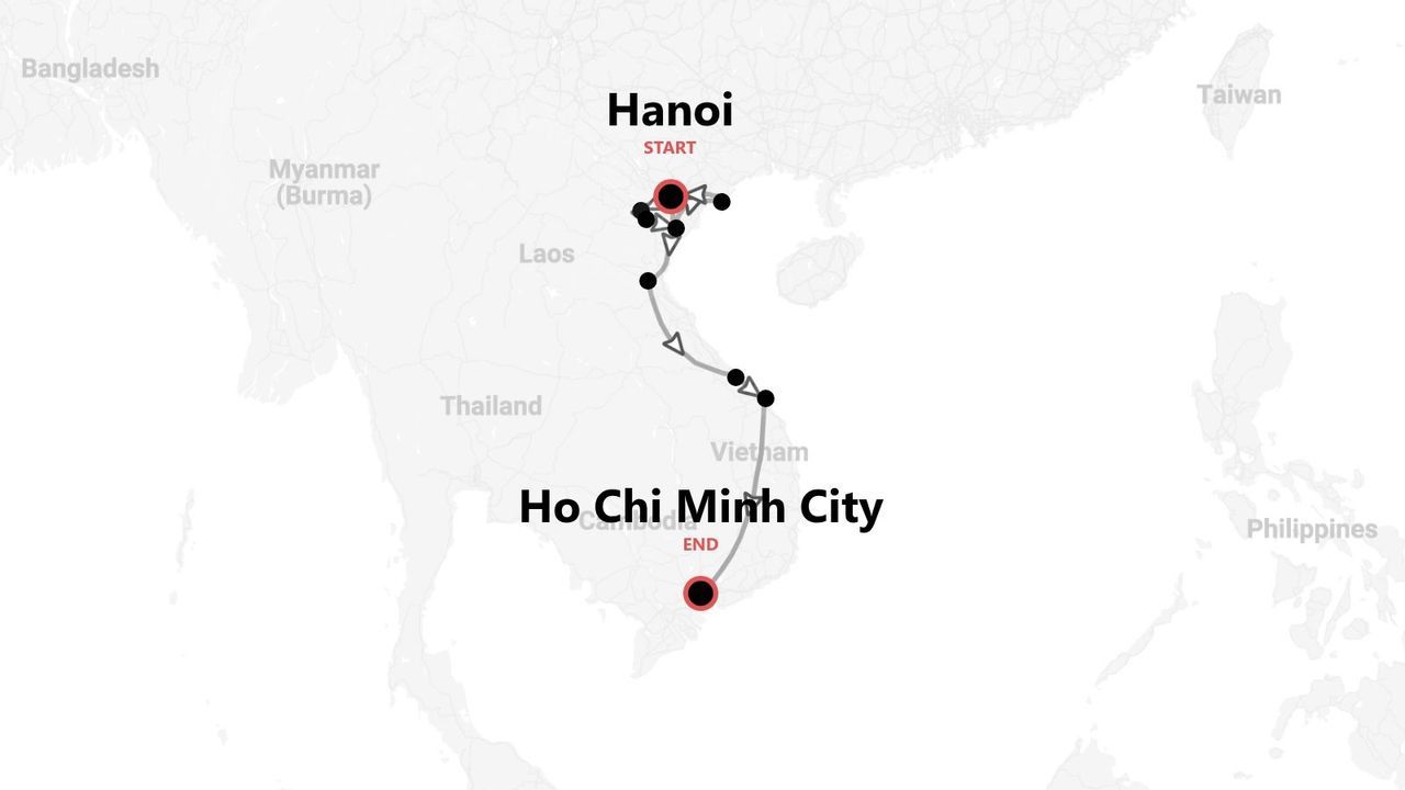Mappa del Vietnam: itinerario di viaggio da Hanoi a Ho Chi Minh City.