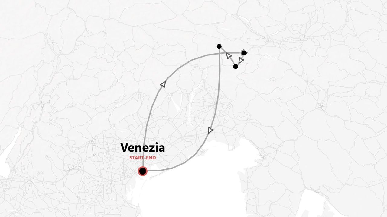 Mappa minimalista che mostra un itinerario di viaggio circolare con partenza e arrivo a Venezia.