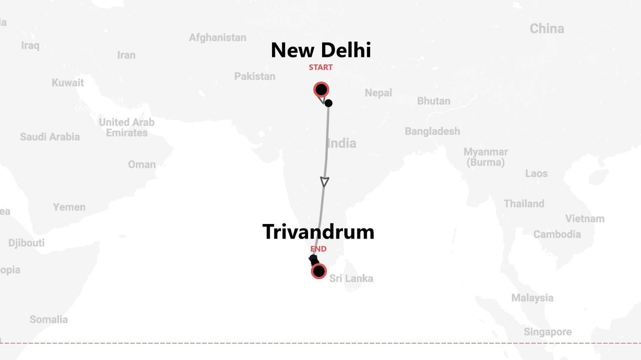 Una mappa dell'India che mostra un itinerario di viaggio da Nuova Delhi a Trivandrum.