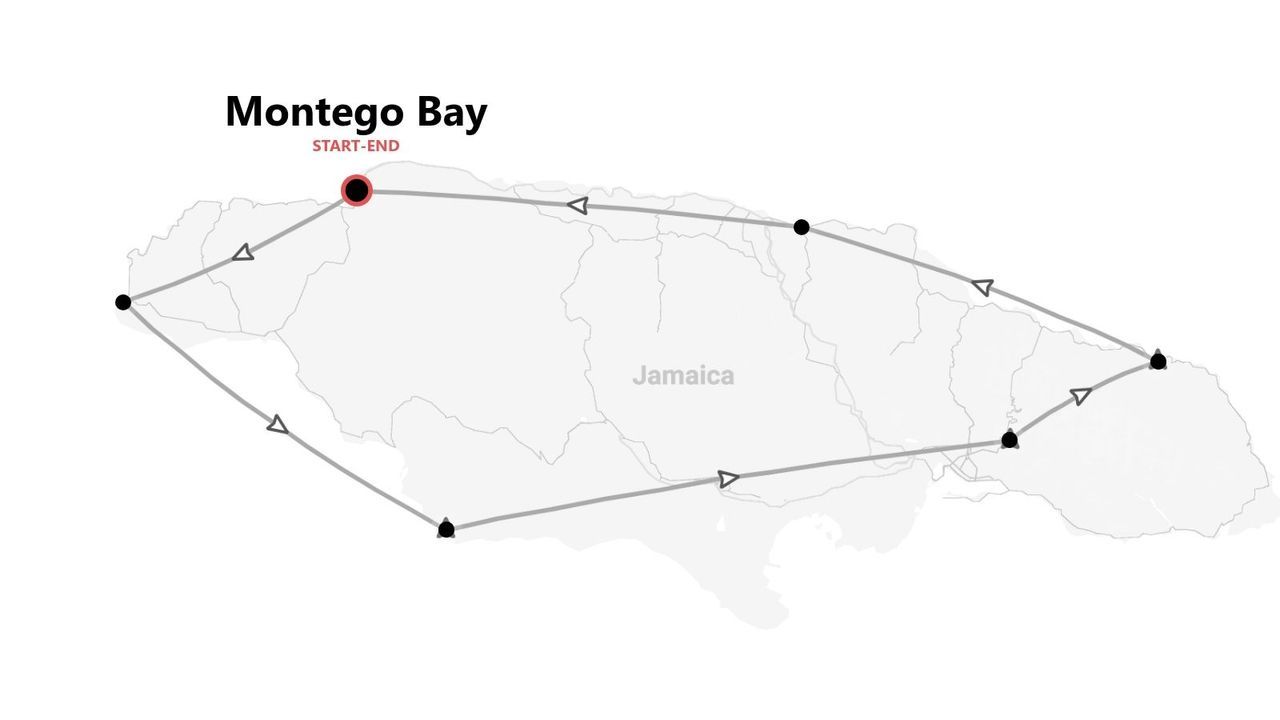 Carte d'un circuit en boucle en Jamaïque au départ et à l'arrivée de Montego Bay.