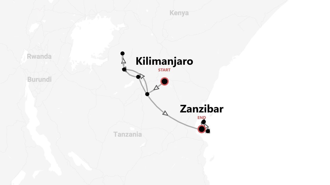 Una mappa che mostra un itinerario di viaggio in Tanzania, partendo dal Kilimangiaro e finendo a Zanzibar.