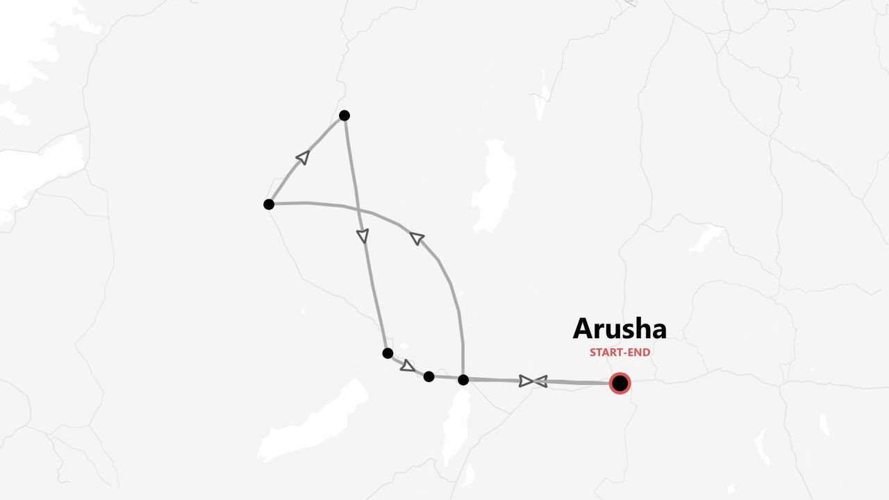 A minimalist map showing a trip itinerary as a looped route with several stops, starting and ending in Arusha.
