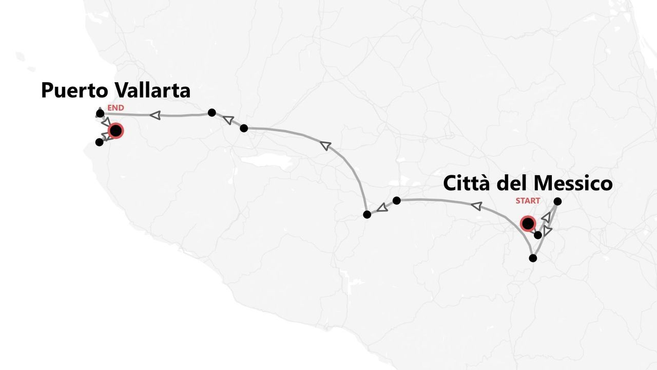 Mappa che mostra l'itinerario di viaggio da Città del Messico a Puerto Vallarta, con punti di partenza e arrivo.