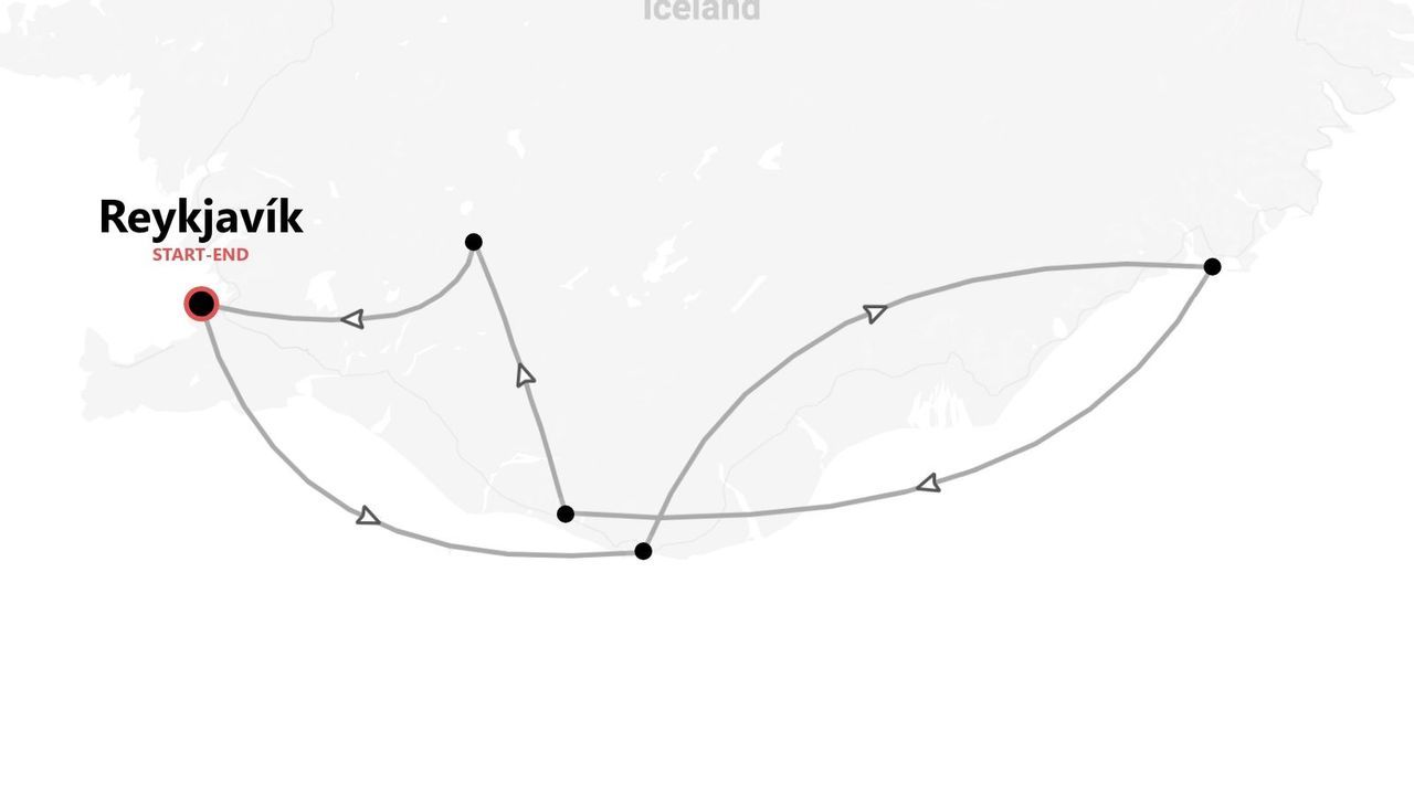 Mappa dell'Islanda con itinerario di viaggio a tappe, con partenza e arrivo a Reykjavík.