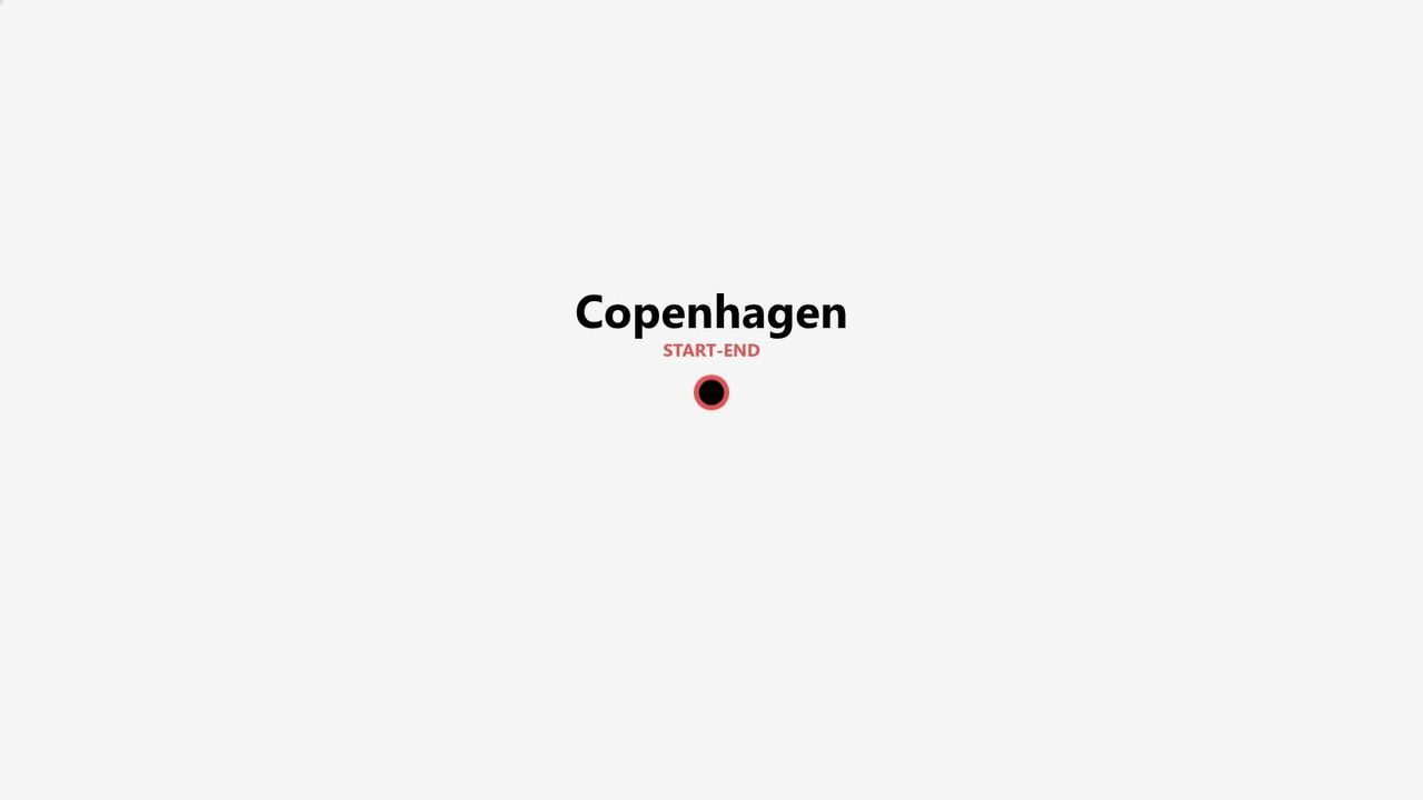 Una grafica minimalista che indica Copenaghen come punto di inizio e fine di un viaggio, con un'icona a spillo circolare.