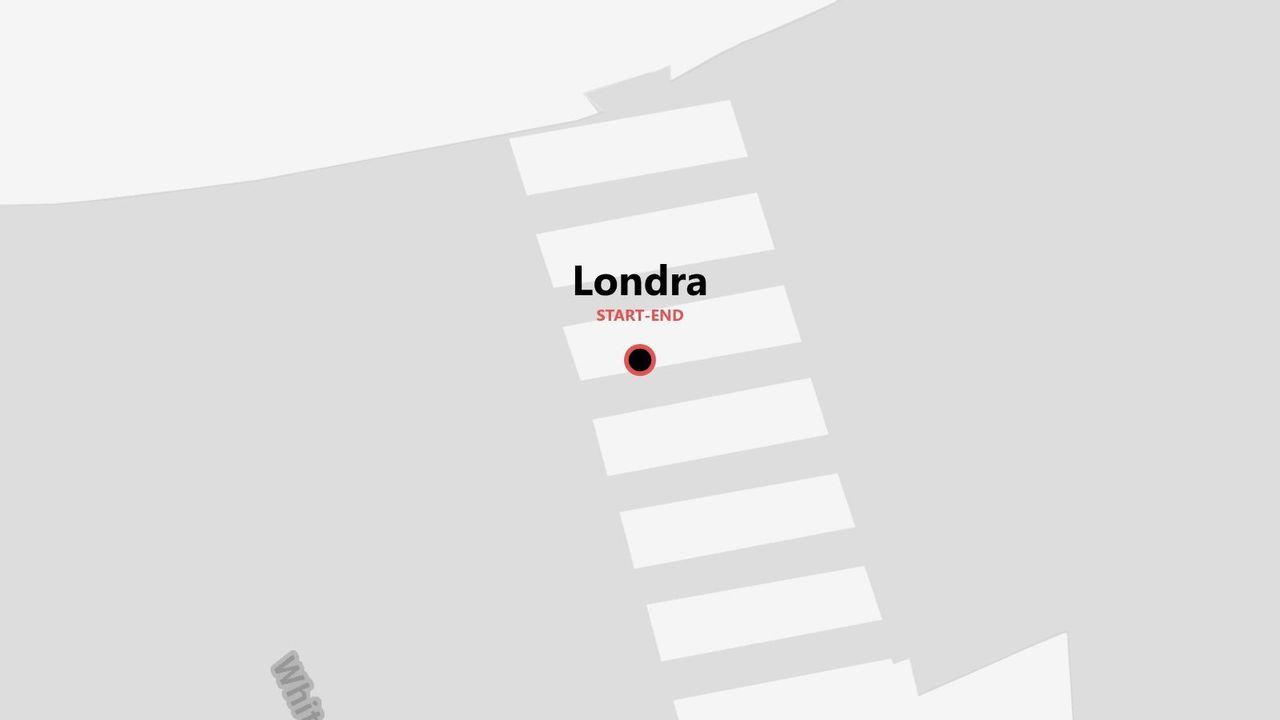 Una mappa stilizzata che raffigura un attraversamento pedonale a Londra, con un segnaposto che indica il punto di partenza e di arrivo, etichettato 'Londra'.