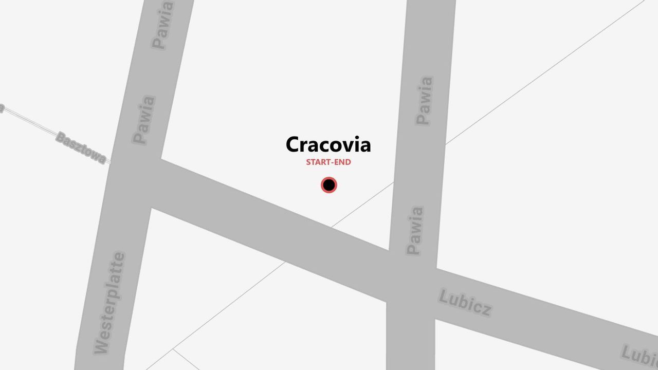 Mappa stradale stilizzata di Cracovia con un punto 'PARTENZA-ARRIVO' vicino all'incrocio tra Via Pawia e Via Lubicz.