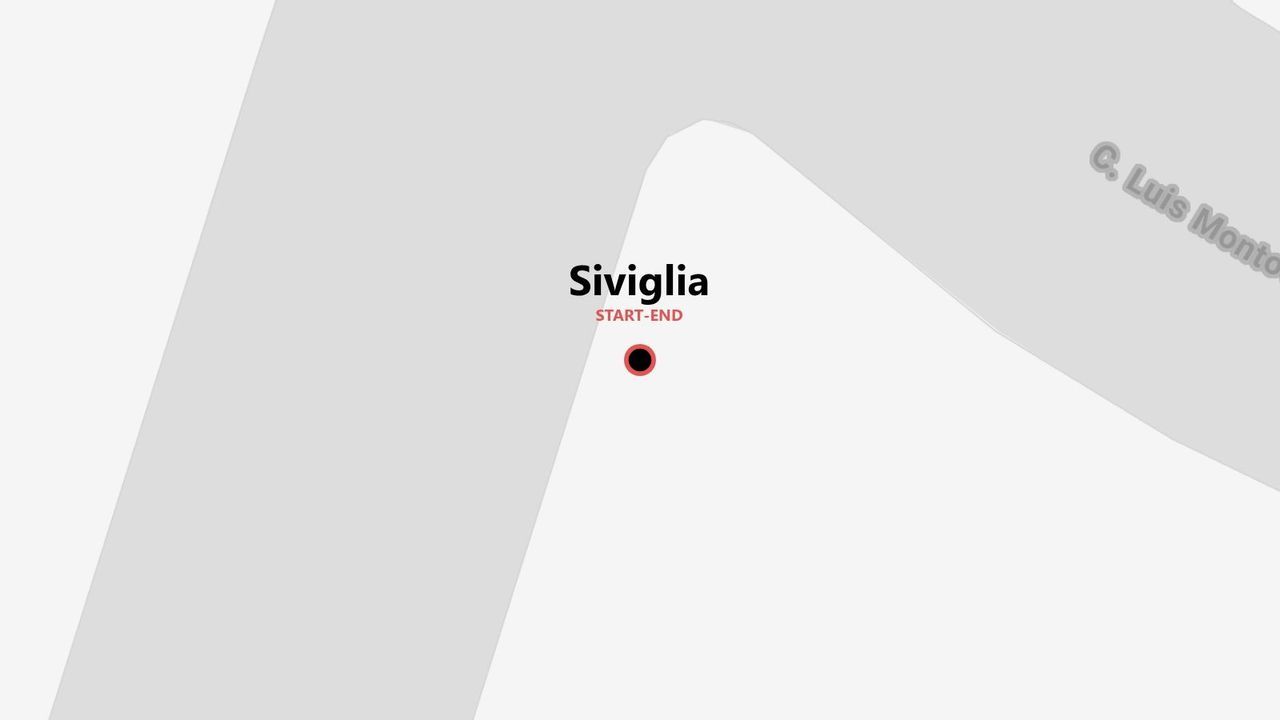 Una mappa stilizzata di Siviglia con un segnaposto rosso che indica il punto di partenza e arrivo di un itinerario turistico.