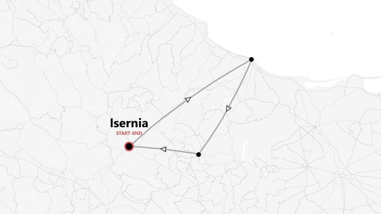 Mappa minimalista di un itinerario di viaggio circolare con tappe, con partenza e arrivo a Isernia.