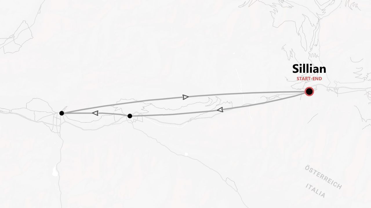 Una mappa che mostra un itinerario ad anello con partenza e arrivo a Sillian, Austria, vicino al confine con l'Italia.