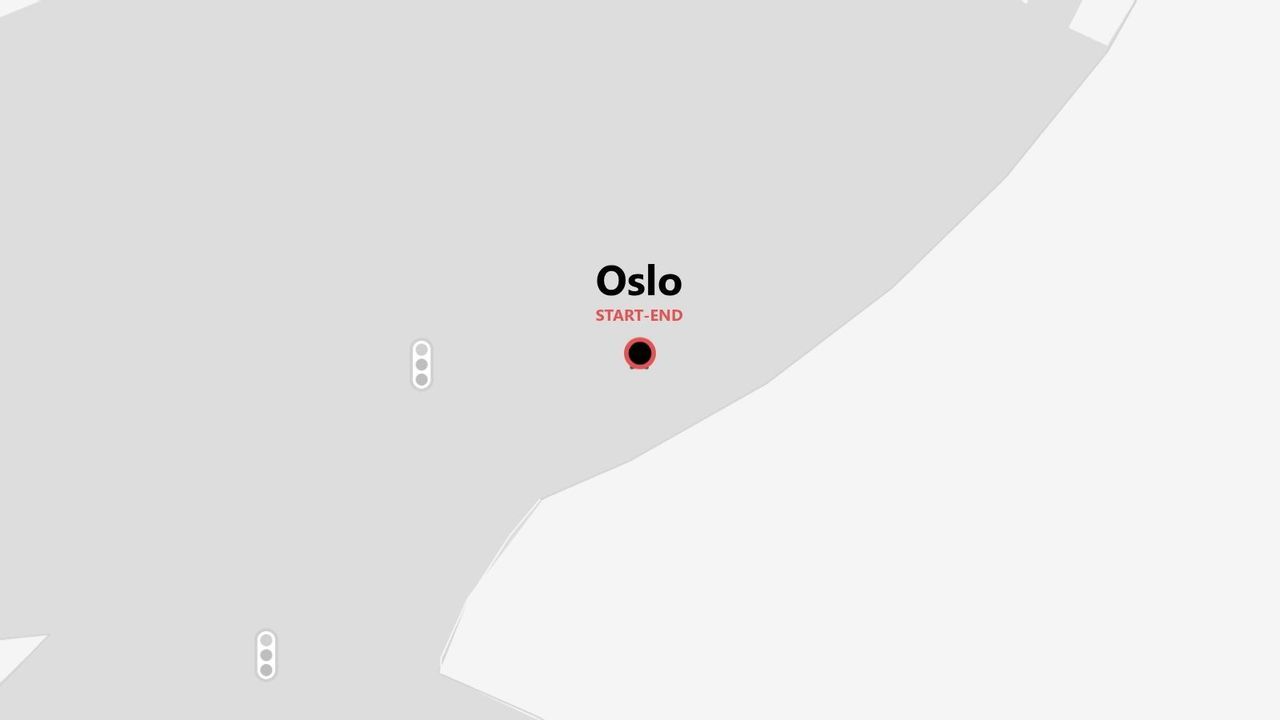 Una mappa minimalista che mostra Oslo con una puntina rossa e nera che la contrassegna come punto di partenza e arrivo di un viaggio.