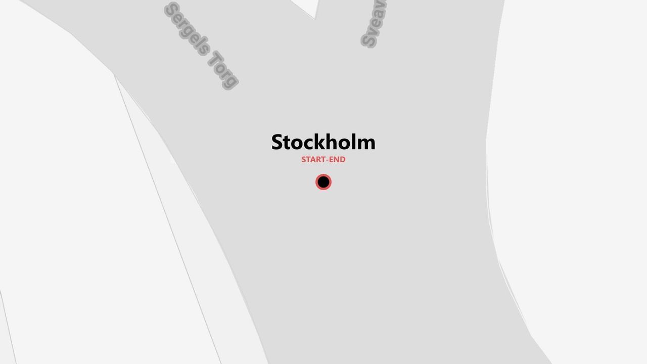 Una mappa minimalista di Stoccolma che mostra un punto di inizio e fine vicino a Sergels Torg e Sveavägen