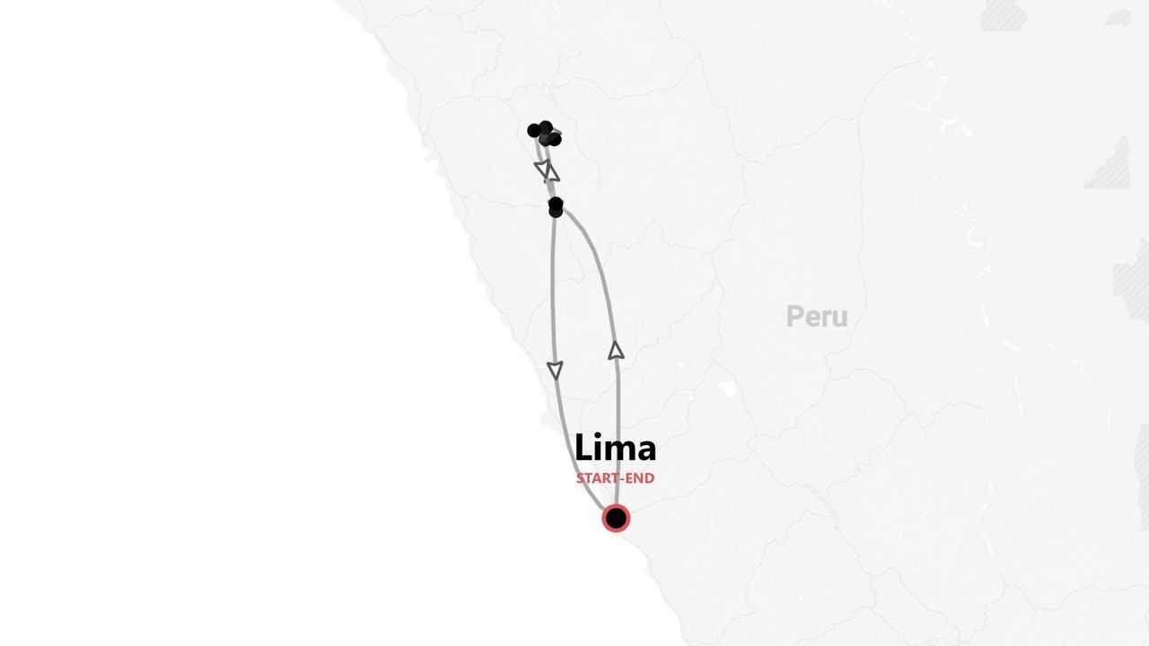 Mappa di viaggio del Perù, con un percorso circolare che inizia e finisce a Lima.