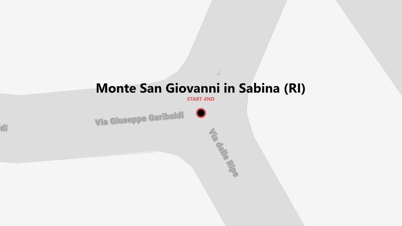 Una mappa che mostra il punto di partenza e di arrivo a Monte San Giovanni in Sabina, all'incrocio tra Via Giuseppe Garibaldi e Via delle Ripe.