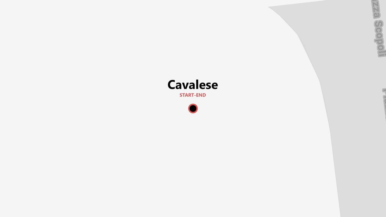 Mappa grafica minimalista che indica Cavalese come punto di partenza e arrivo di un itinerario, con un segnaposto.