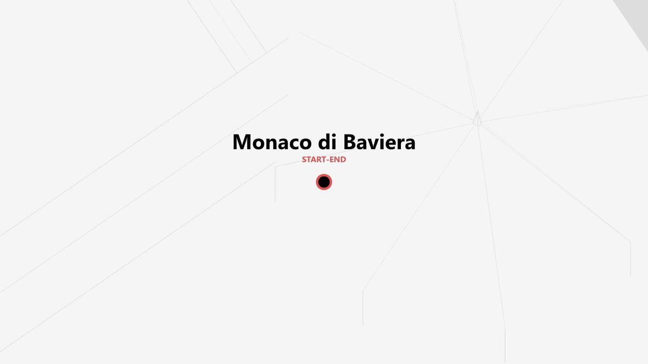 Mappa stilizzata che indica Monaco di Baviera come punto di partenza e arrivo, con un segnaposto circolare rosso su sfondo bianco.