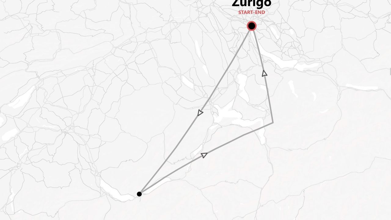 Una mappa minimalista che illustra un itinerario di viaggio triangolare con partenza e arrivo a Zurigo.