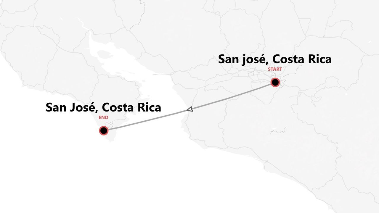 Una mappa che mostra un itinerario di viaggio di andata e ritorno in Costa Rica, con punti di partenza e arrivo entrambi a San José.