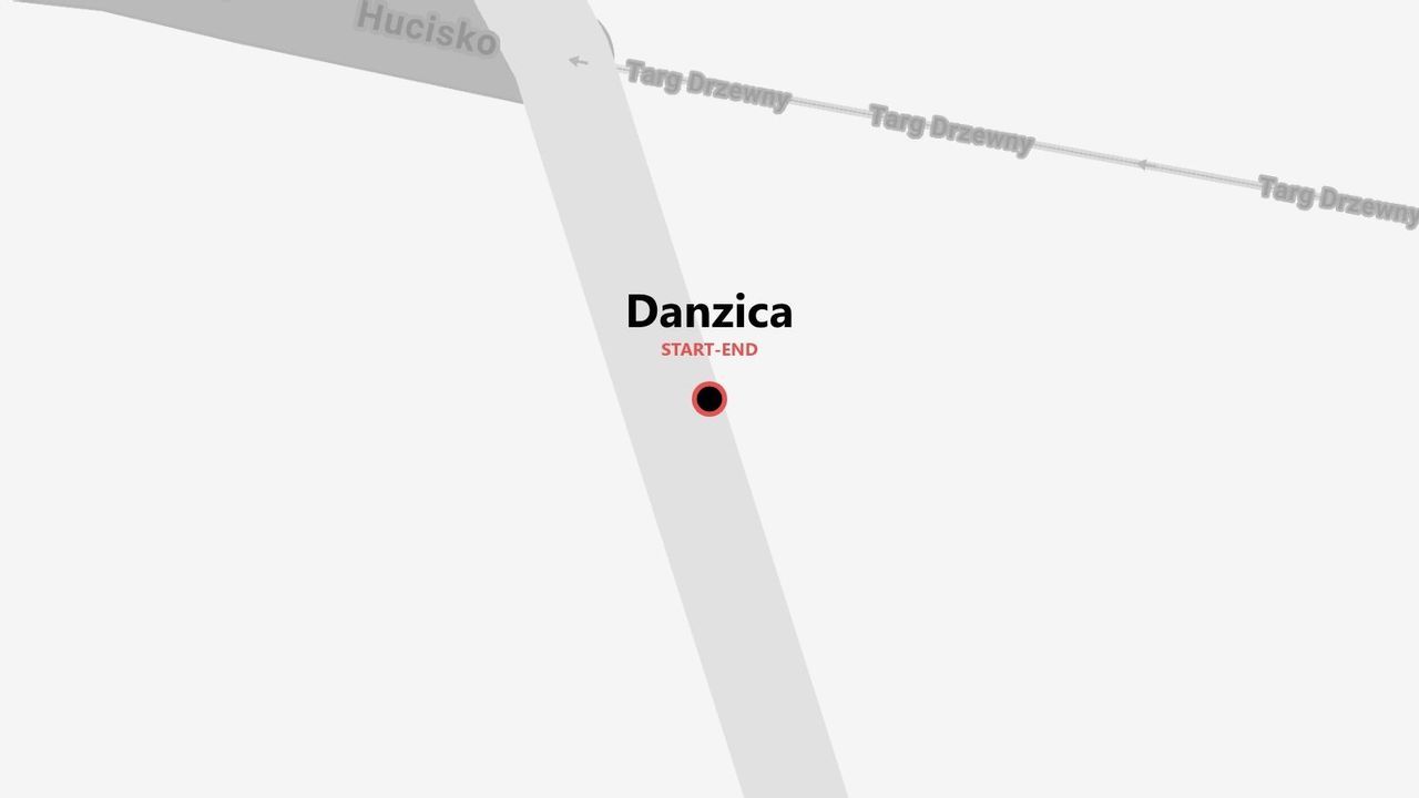 Una mappa minimalista che mostra un punto di partenza e arrivo chiamato Danzica, vicino alle vie Hucisko e Targ Drzewny.