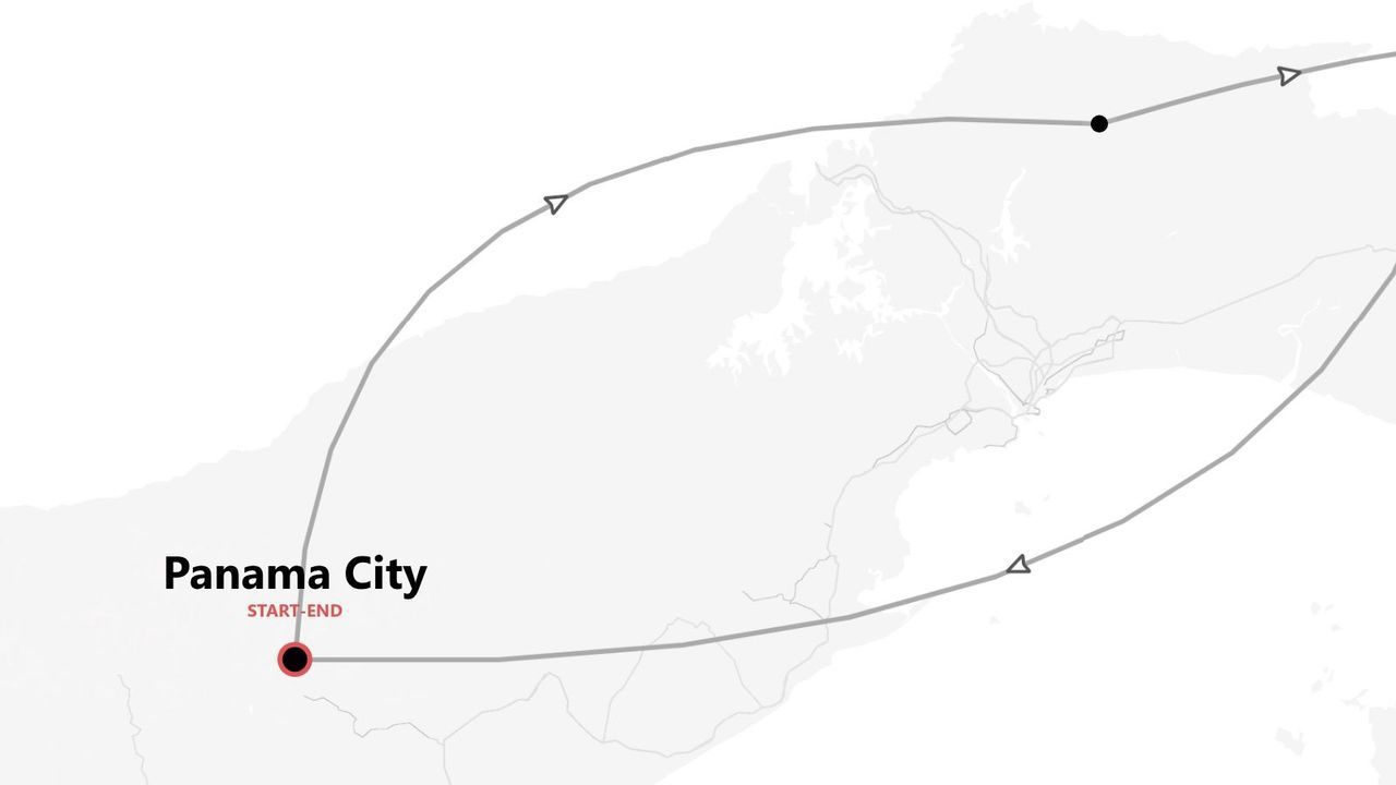 Mappa di un percorso turistico circolare con partenza e arrivo a Panama City.