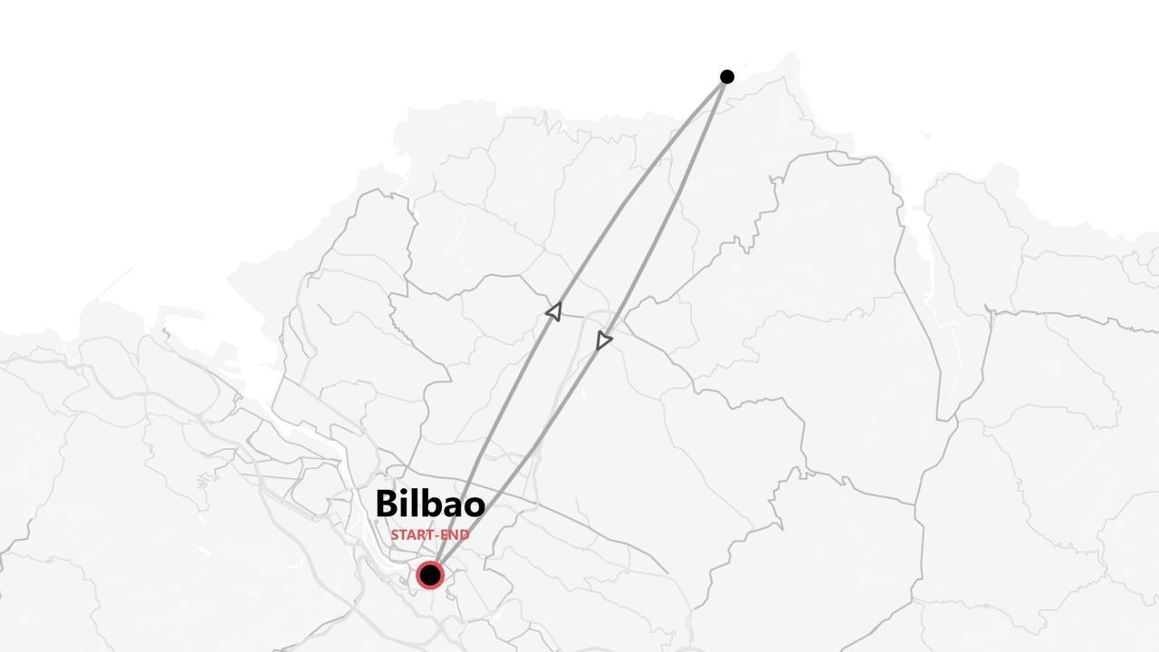 Mappa minimalista di un itinerario di viaggio di andata e ritorno con frecce, con partenza e arrivo a Bilbao.