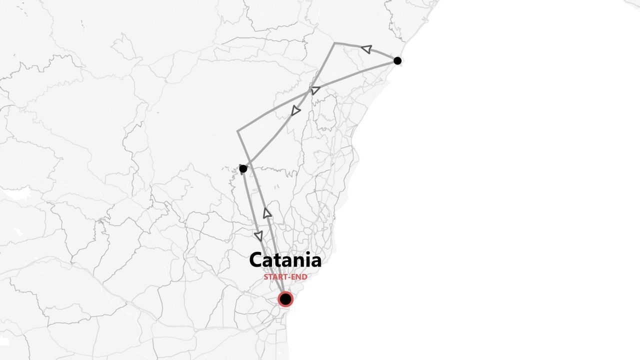 Una mappa minimalista che mostra un itinerario di viaggio che inizia e finisce nella città di Catania.