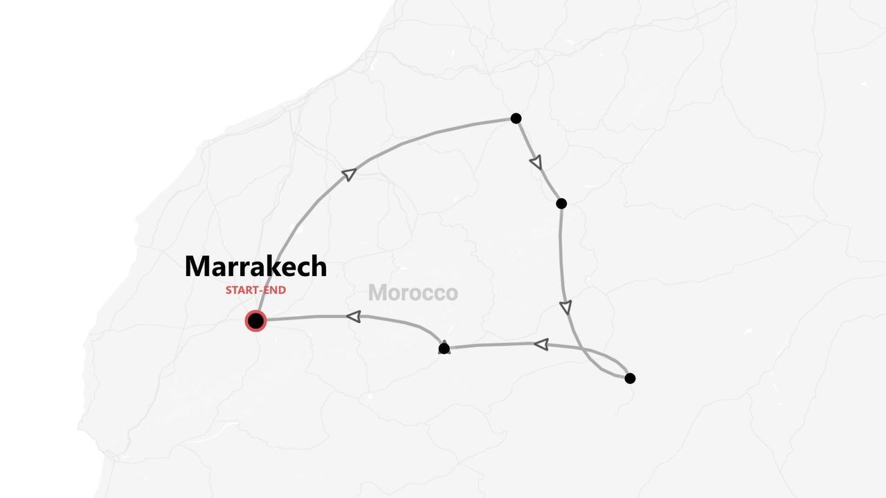 Mappa del Marocco con itinerario di viaggio circolare, partenza e arrivo a Marrakech.
