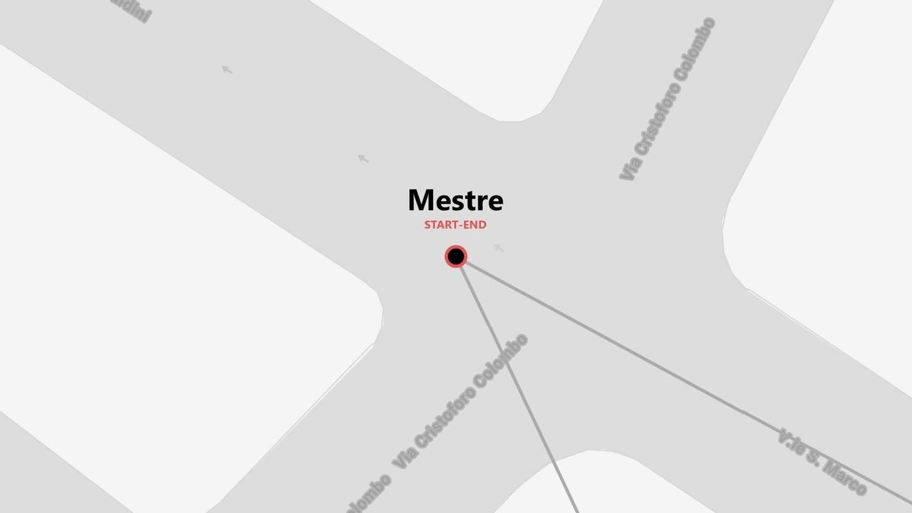 Una mappa minimalista che mostra il punto di inizio e fine a Mestre, all'incrocio di strade tra cui Via Cristoforo Colombo.