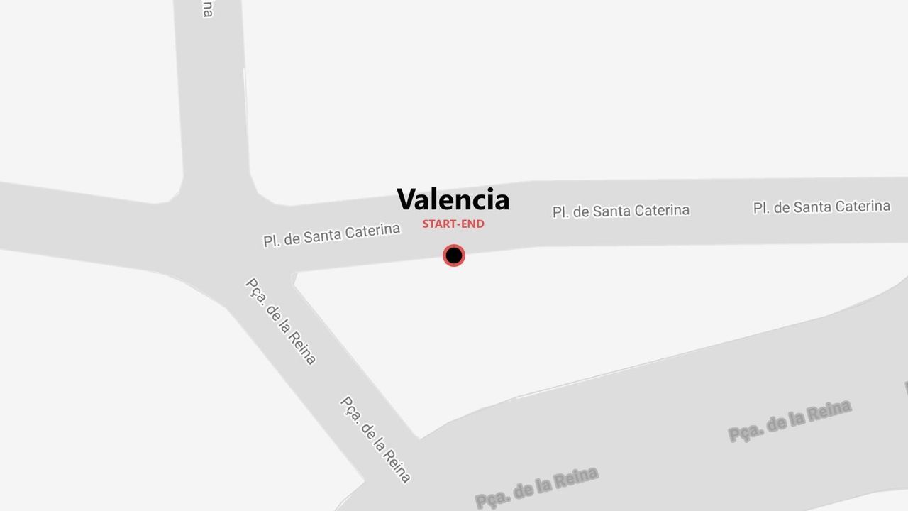 Mappa minimalista di Valencia, con un punto di partenza e arrivo segnato in Pl. de Santa Caterina.