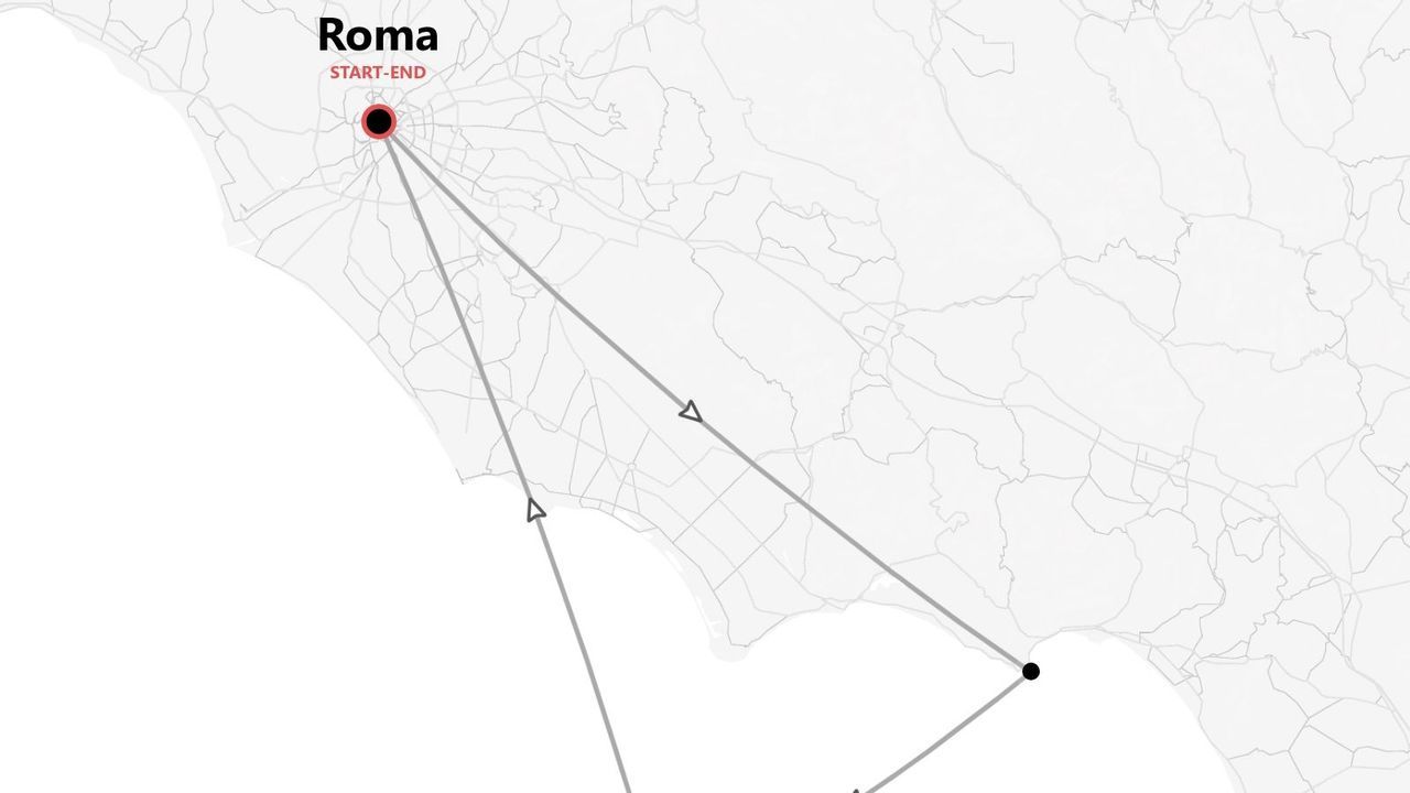 Mappa stilizzata in grigio e bianco che mostra un itinerario di viaggio con partenza e arrivo a Roma, con linee che ne indicano il percorso.