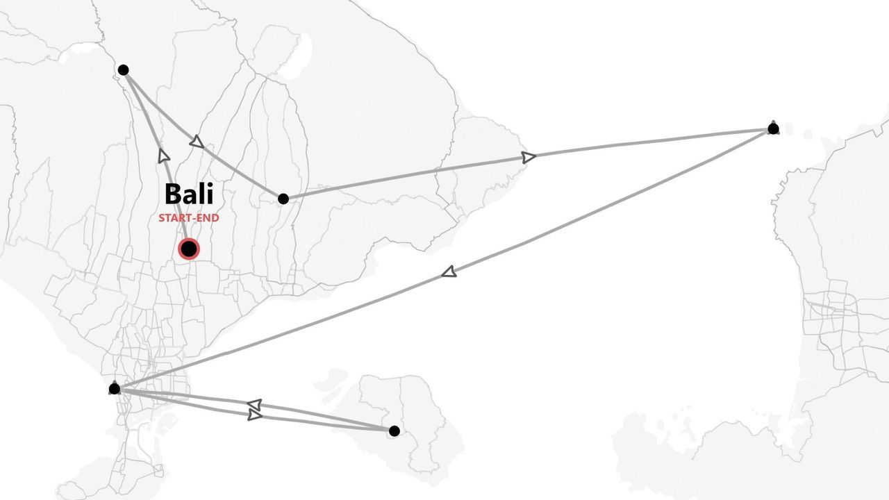 Mapa de itinerario de viaje por Bali, con punto de inicio-fin rojo y paradas conectadas.
