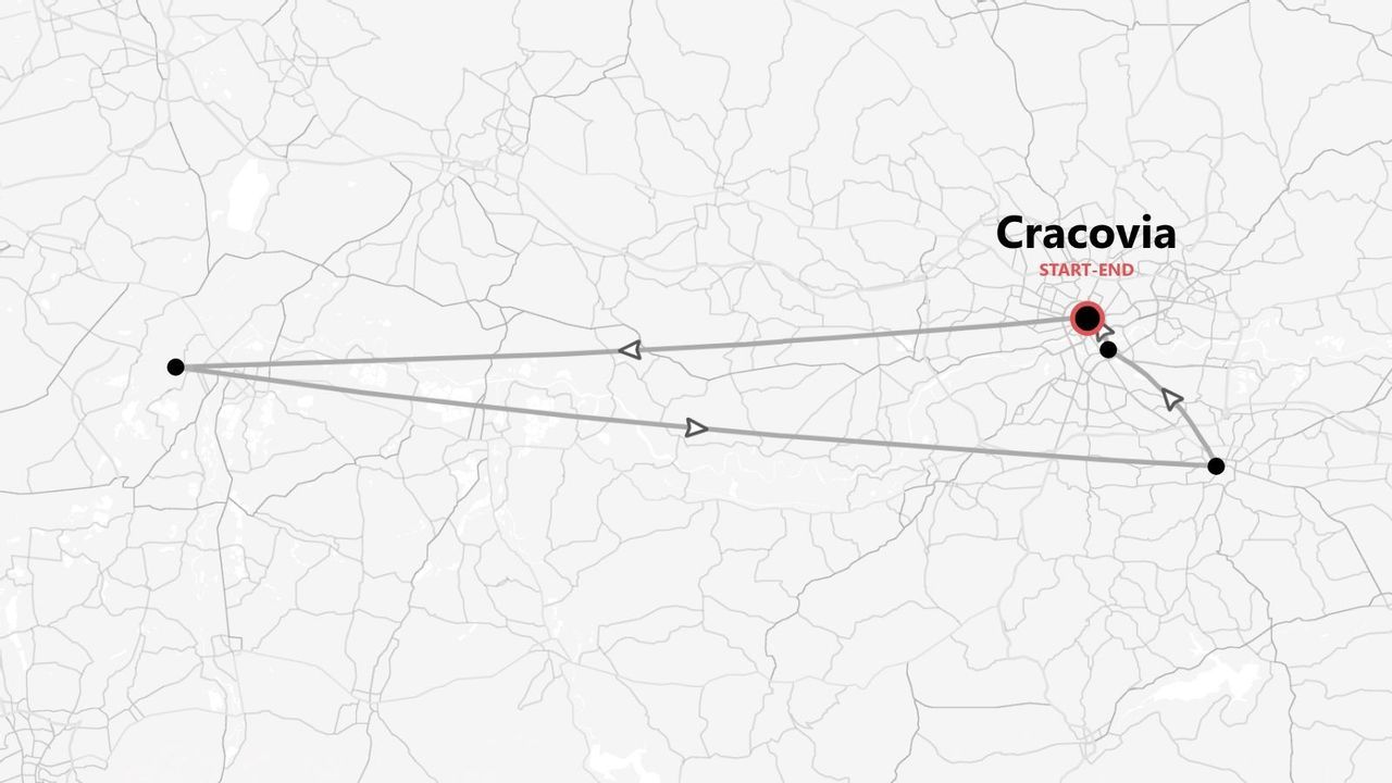 Un mapa estilizado que muestra un itinerario de viaje con inicio y fin en Cracovia.
